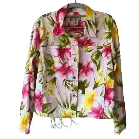 Caribbean Joe Jackets & Blazers - Caribbean Joe Women's Pink Floral Jacket Size L Casual Long Sleeve